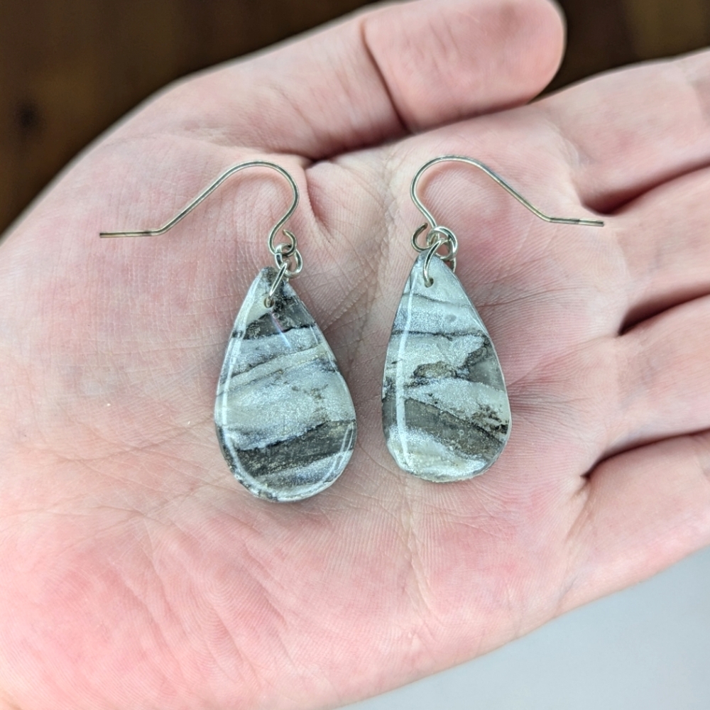 Raindrop Black And White Marble Earrings - Picture 7 of 10